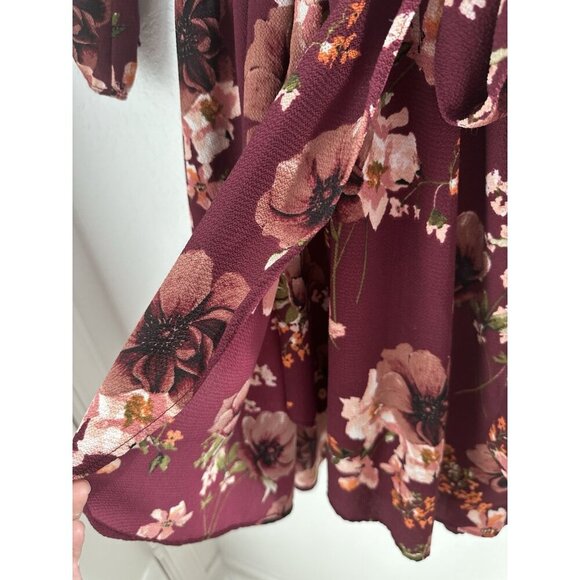 Scobe Womens Faux Wrap Dress L Wine Floral Balloon Sleeve Fairygoth Whimsygoth - Picture 4 of 11